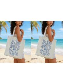 Ocean Theme Canvas Tote Bag, With Starfish And Shell Pattern, Large Capacity Women's Shoulder Bag, Portable Tote Bag, Multi-Functional Storage Bag, Commuter Shopping Bag, Foldable Large Capacity Casual Grocery Bag, Perfect Gift For Friends Who Love The Ocean, Women, Mothers, Teacher's Day, Back To School Season, Birthday Holiday, Spring And Summer Beach Vacation - Multicolor - View 15