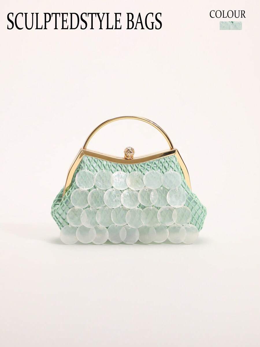 1 buah Tas Tangan Wanita Dekorasi Irisan Cangkang Alami Hijau, Tas Pantai Gaya Liburan Boho Buatan Tangan dengan Irisan Cangkang Putri Duyung, Tas Tote Jaring Ikan Belah Ketupat, Cocok untuk Sehari-hari, Pernikahan, Pesta, Perjalanan dan Liburan Santai (Retakan dan Cacat Tekstur Normal pada Irisan Cangkang Adalah Hal yang Wajar) - Hijau - View 1