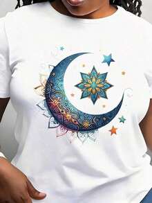 1 pieza Camiseta de mujer con estampado de mandala bohemio - Tela suave y elástica, diseño celestial multicolor vibrante con luna y estrellas 180g 100% algodón suave - Blanco - Ver 1