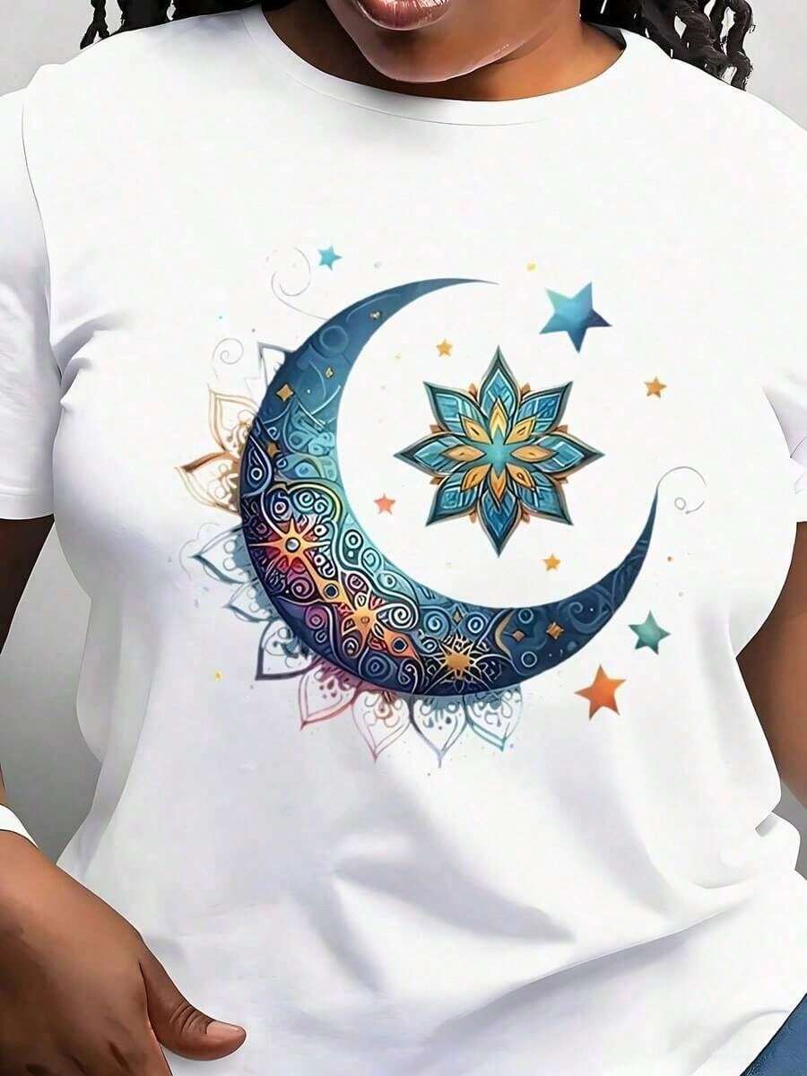 1 pieza Camiseta de mujer con estampado de mandala bohemio - Tela suave y elástica, diseño celestial multicolor vibrante con luna y estrellas 180g 100% algodón suave - Blanco - Ver 1