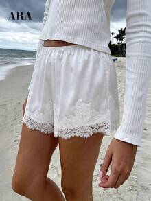 ARA CHIC Women's White Lace Trim Satin Shorts, High Waist Loose Casual Pants, Beach Vacation & Brunch Outfit - White - View 2