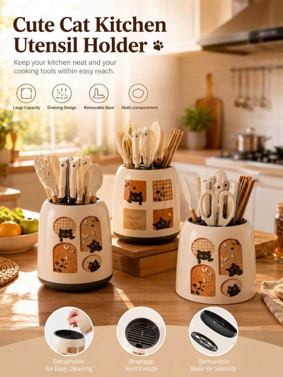 1 Piece Multifunctional Plastic Kitchen Knife Organizer, Tableware Spoon Tableware Storage Rack Fork Kitchen Dining Cartoon Household Kitchenware Storage Bedroom Kitchen Large-Capacity High-End Storage Bucket Shelf - View 1