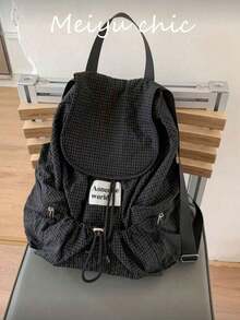 New Fashionable Multifunctional Large Capacity Backpack, Made Of Fashionable Plaid Nylon Material. Features Multiple Pockets, Waterproof, Lightweight, Foldable Drawstring Design, Letter Patch. Suitable For Travel, School Supplies, Portable, Classic Casual Style. Perfect For Women, Teenagers, And Primary/Secondary School Students For School, Outdoor Activities, And Various Occasions. - Black - View 9