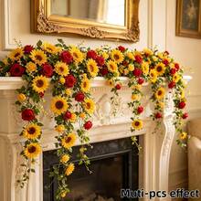 2pcs Artificial Sunflower Yellow Red Rose Vine 90.9 Inch, Easy To Hang Faux Floral Garland, Suitable For Outdoor Garden Wedding Arch Ceiling Message Wall Staircase Hotel Decoration - Multicolor - View 1
