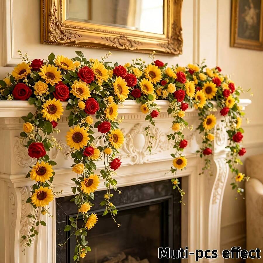 2pcs Artificial Sunflower Yellow Red Rose Vine 90.9 Inch, Easy To Hang Faux Floral Garland, Suitable For Outdoor Garden Wedding Arch Ceiling Message Wall Staircase Hotel Decoration - Multicolor - View 1