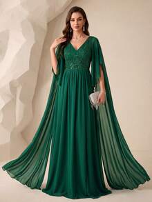 SUPGIR Women's V-Neck Floating Patchwork Sleeve Sequin Patchwork Chiffon Slit Fitted Evening Gown - Dark Green - View 1