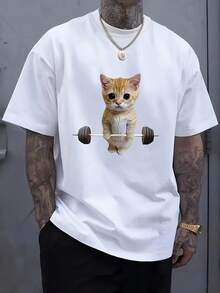 Camiseta de manga corta para hombre, ropa casual de verano, diseñada con un estampado de un gatito levantando pesas. - Blanco - Ver 1