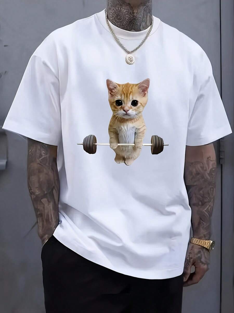 Camiseta de manga corta para hombre, ropa casual de verano, diseñada con un estampado de un gatito levantando pesas. - Blanco - Ver 1