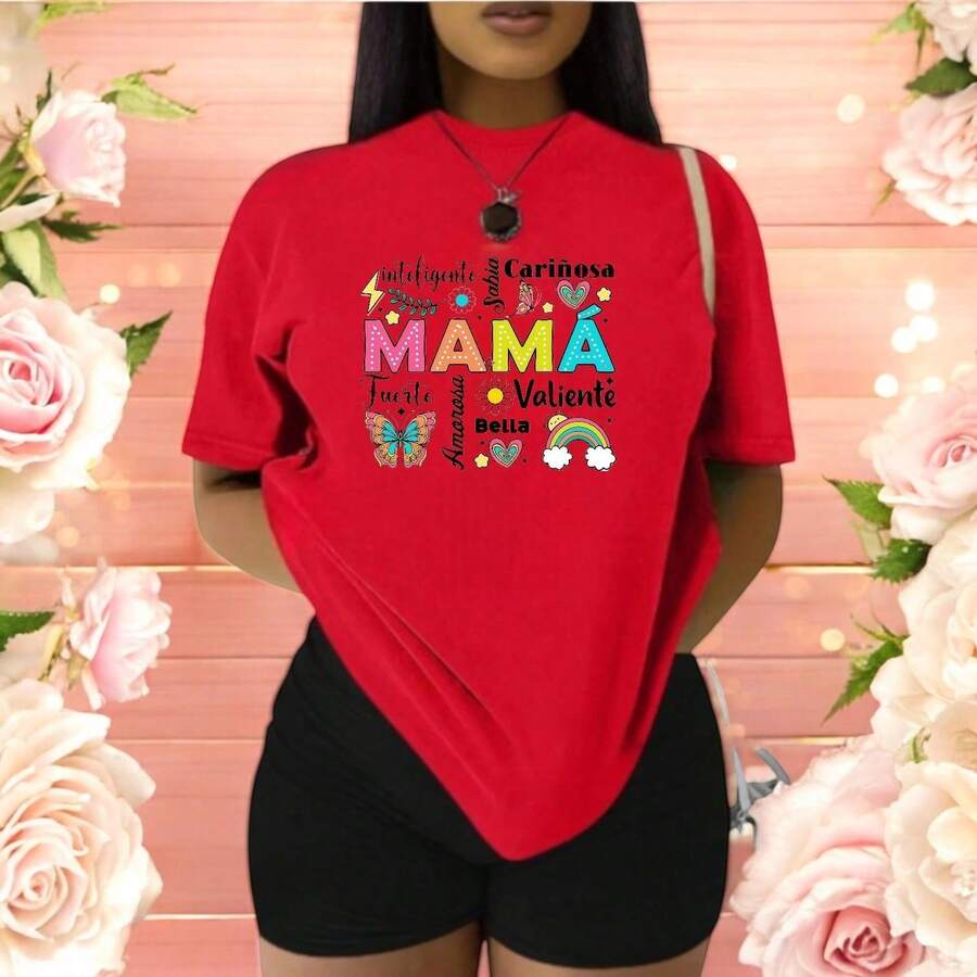 Fashionable Women's T-Shirt 2026, With Love Quotes, Casual And Emotional Clothing For Mother's Day Gift - 紅色 - 查看 1