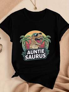 Camiseta de manga corta con estampado gráfico de moda para mujer. Camiseta gráfica de algodón de 180 g para mujer con cuello redondo y mangas cortas, divertida camiseta con estampado de dino - Negro - Ver 1