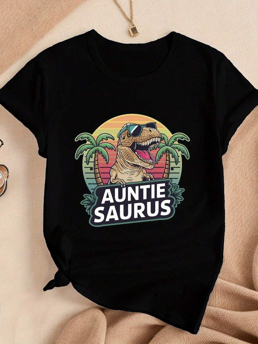 Camiseta de manga corta con estampado gráfico de moda para mujer. Camiseta gráfica de algodón de 180 g para mujer con cuello redondo y mangas cortas, divertida camiseta con estampado de dino - Negro - Ver 1