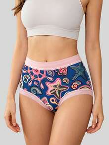 Dircho 1pc Women's Lace Trim Mid-Waist Panties, Ocean Starfish & Shell Print, All-Over Print Comfortable Elastic Underwear - Multicolor - View 1