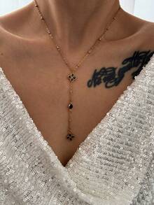 1pc Gold Stainless Steel Four-Leaf Clover Zirconia Pendant Multi-Layer Y-Shaped Necklace - Yellow Gold - View 5