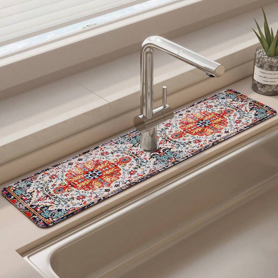 1pc Or Bohemian Style Sink Faucet Absorbent Mat, Drainage Mat, Kitchen, Bathroom Sink, Countertop, Drainage Mat, Diatomaceous Earth Basin, Cuttable Quick-Drying Mat.