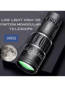 1pc 16x52 High Magnification Monocular Telescope, 66m Wide Field Of View, High Transmittance Lens, 8000m Long Distance Observation, Suitable For Travel, Hiking, Hunting, Adventure, Dual Rings Dual Adjustment Focus Design, Matte Black Non-Slip Durable Handheld Portable Outdoor Telescope - Black - View 1