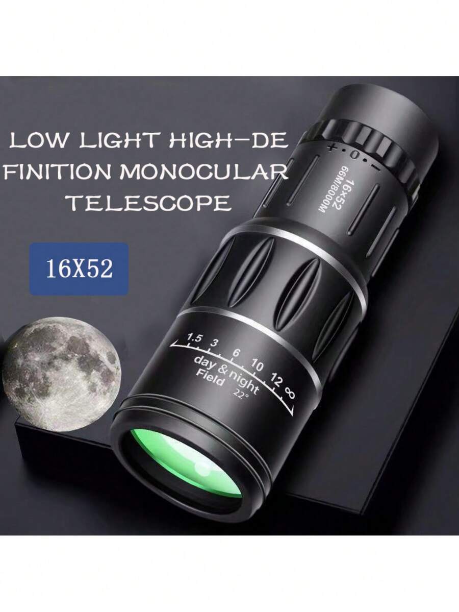 1pc 16x52 High Magnification Monocular Telescope, 66m Wide Field Of View, High Transmittance Lens, 8000m Long Distance Observation, Suitable For Travel, Hiking, Hunting, Adventure, Dual Rings Dual Adjustment Focus Design, Matte Black Non-Slip Durable Handheld Portable Outdoor Telescope - Black - View 1