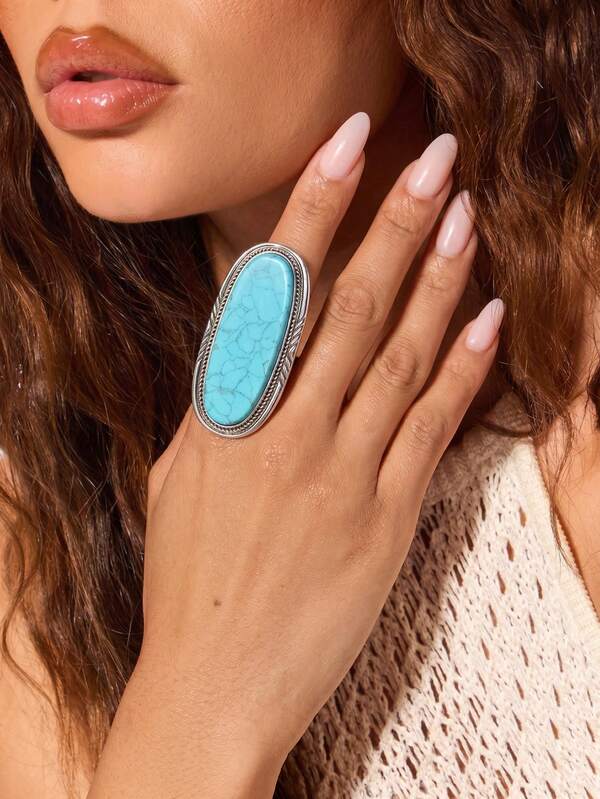 1pc Bohemian Style Artificial Turquoise Ring, Vintage Distressed Silver Jewelry, Niche Personalized Open Ring, Suitable For Daily Wear, Western Cowboy Music Festival Exclusive, Travel / Beach Vacation Versatile Style