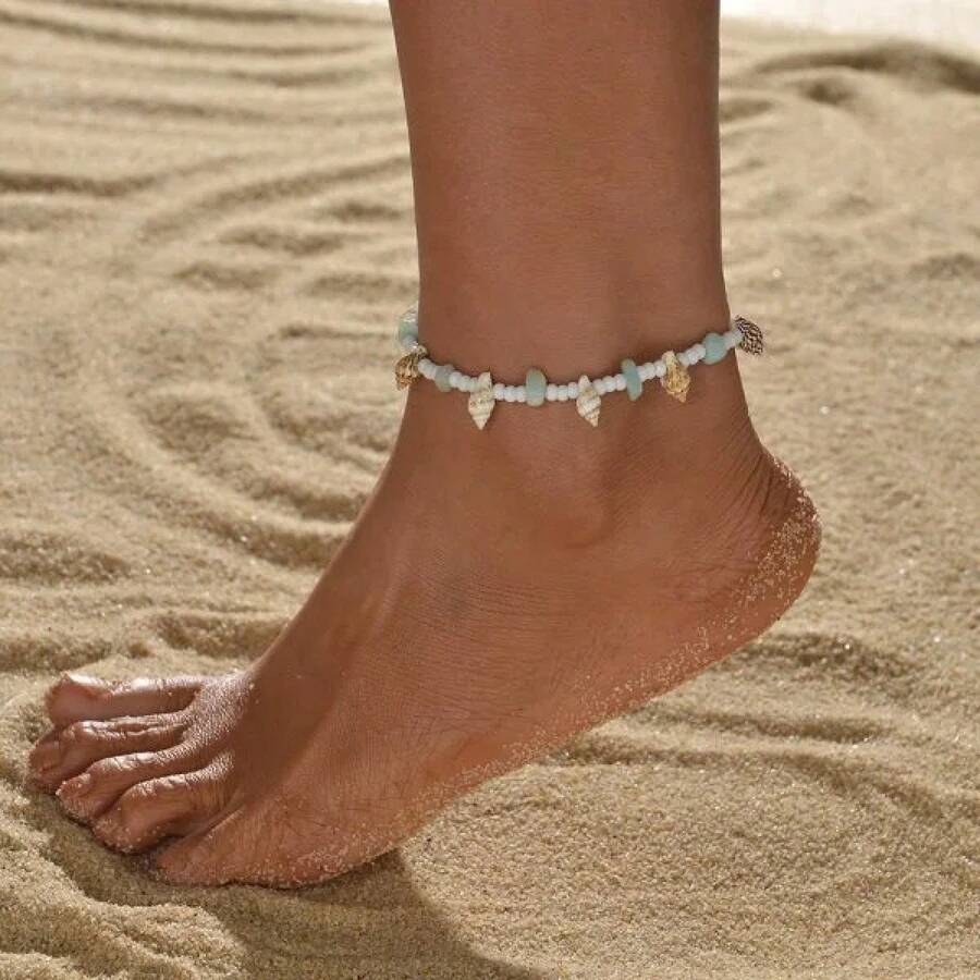 Women's Starfish Shell Anklets, Bohemian Ankle Bracelet, Rice Bead Leg Bracelet, Handmade Foot Chain, Bohemian Jewelry, Sandals, Gift - AK24Y0044 - View 1