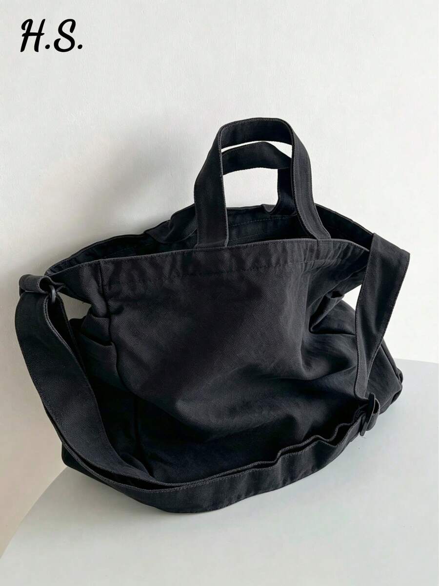 Vintage Washed Canvas Crossbody Bag, Casual Tote Bag For School/College Students, Unisex Large Capacity Shoulder Bag For Daily Use, Commuting, Shopping, Short Trip, Soft And Relaxed Canvas Bag - Black - View 1