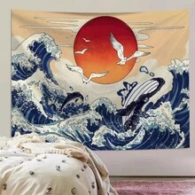 1pc Seagull Wave Sun Bohemian Style Printed Tapestry, Includes 3 Wall Nails And 2 Clips, Printed Rectangular Bedroom Wall Decor Hanging Cloth With Drape - Multicolor - View 8