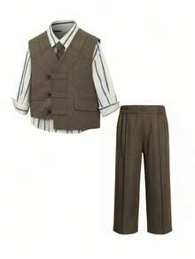 Young Boy Solid Color Vest, Tie And Pants Fashion Set Suitable For Daily Wear, Performance, Banquet, Holiday And Other Occasions - Coffee Brown - View 16
