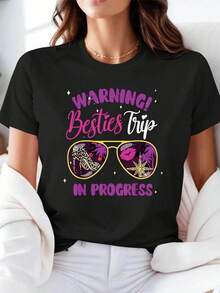 para Mujer Print Casual Round Neck Mangas Cortas Camiseta, Fashionable Resort Style, Your Daily Essential Item. Diseño Gráfico Tee, para Mujer Tops, Vacation Summer. Mother's Day Gift - Negro - Ver 2
