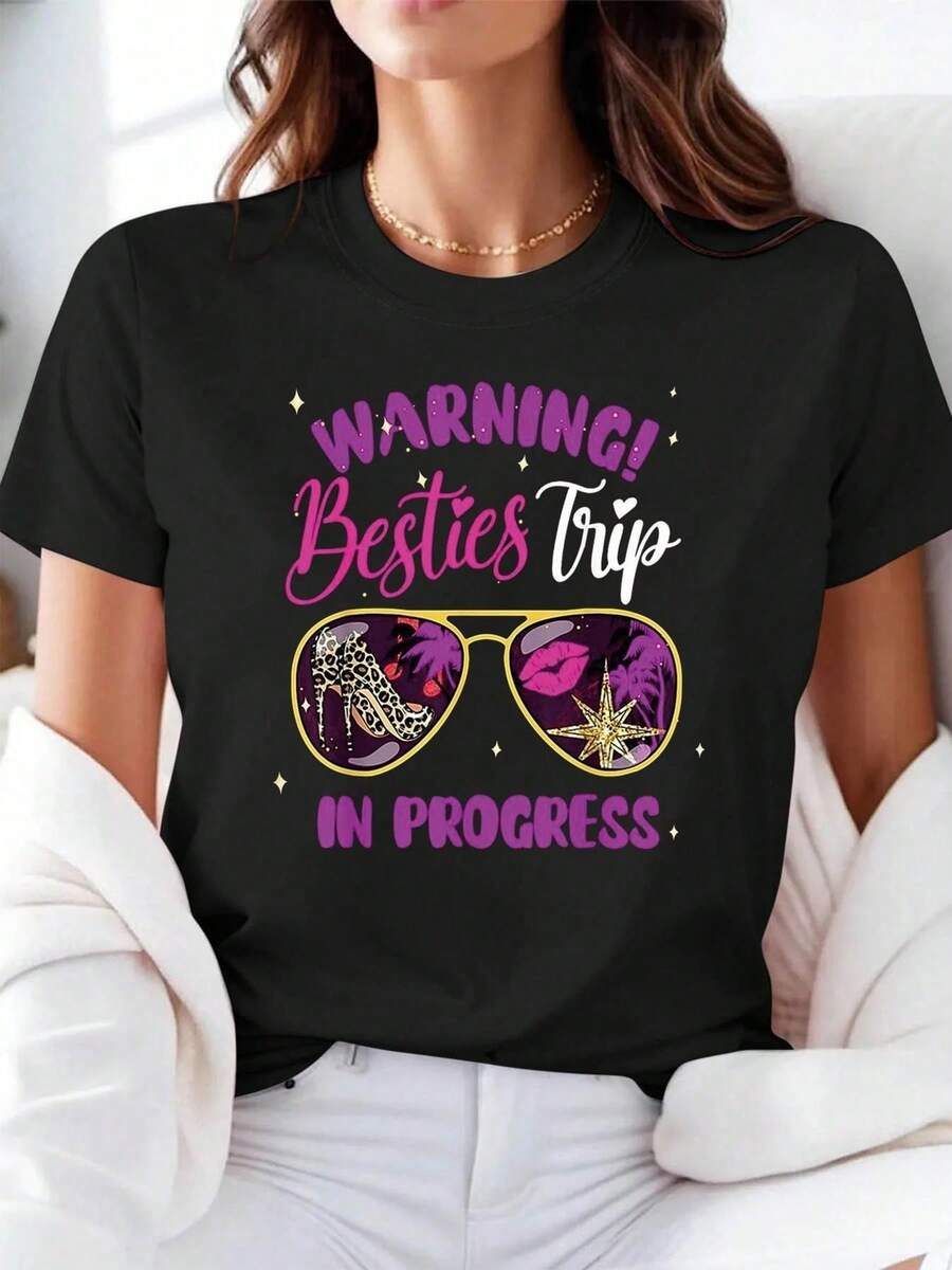 para Mujer  Print Casual Round Neck Mangas Cortas Camiseta, Fashionable Resort Style, Your Daily Essential Item. Diseño Gráfico Tee, para Mujer Tops, Vacation Summer. Mother's Day Gift
