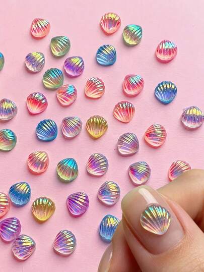 50 piezas de dijes de concha 3D Aurora para uñas, decoraciones de arte de uñas de resina iridiscente colorida con forma de concha marina para manicura de playa de verano, productos de uñas DIY, mezclas de múltiples colores, enviados al azar con mezclas de múltiples colores