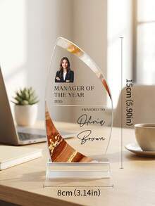 1pc Customized Photo & Text Acrylic Sail-Shaped Trophy, Personalized Engraved Marble Pattern Design Trophy, Suitable For Graduation, Sports And Retirement, Thoughtful Commemorative Gift - Multicolor - View 6