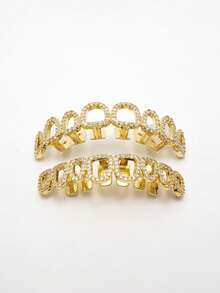 2pcs/Set European & American Hollow Full Rhinestone HIPHOP Grillz, Personalized Teeth Decoration For Halloween - Multicolor - View 8