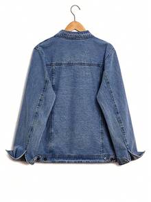 Classic Women's Denim Jacket Suitable For All Seasons. 100% Pure Cotton Vintage Washed Jacket. Loose Fit, Versatile And Casual Top - Dark Denim Blue - View 7