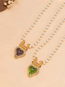 1pc French Vintage Faux Pearl Necklace, Luxury Purple & Green Heart Pendant Choker, Elegant Versatile Neck Chain For Women, Birthday Gift For Girlfriend - Multicolor - View 9