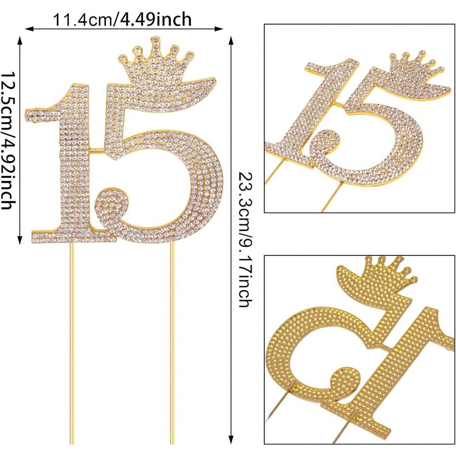 15th Birthday Princess Crown Rhinestone Letter Cake Topper - 15th Birthday Party (Gold) - Multicolor - View 1