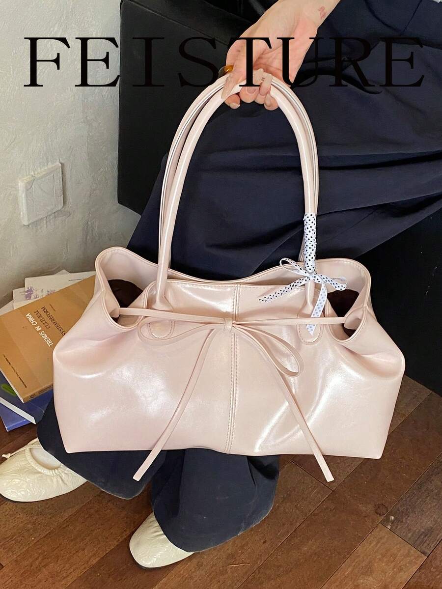 FEISTURE 1pc Solid Color Strap Shoulder Bag, Fashionable Handheld Bowknot Tote Bag, Suitable For Girls, Women, College Students, New Employees And White-Collar Workers, Perfect For Work, Business, Commute, School