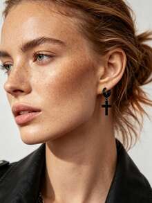 Xiacheng 1Pair/Set Cross Earrings Set For Men Women Dangle Hinged Earrings Of Dangle Hinged Earrings Cross Hoop Slivery And Black Earrings - Multicolor - View 6