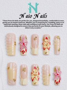 NAIO 10入/組 手工壓接式美甲貼片，3種尺寸：棺材形/杏仁形/短方型，Y2K海洋風，裸粉色法式邊緣，貝殼紋理設計，3D海星花朵裝飾，金色金屬鉚釘點綴，女款女童適用，派對日常穿搭，含工具組，美甲禮品用品 - 彩色 - 查看 20