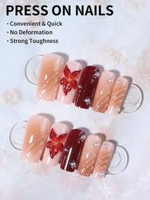 24pcs Long Coffin Shaped 3D Gel Nail Tips, With Pearl Decoration Design, French Manicure Nail Tips, Long Perfect Fit Fake Nails Set, Easy To Wear, Suitable For Summer, French Manicure, Brown Nails - Multicolor - View 2