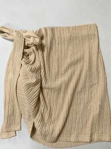 Ensemble Top Court Asymétrique Blanc Texturé & Mini-Jupe Taille Haute à Nœud, Chic Élégant pour les Vacances - Kaki - Voir 10
