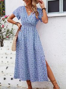 Floral Dress With Butterfly Sleeves And Leg Slit - Blue - View 10