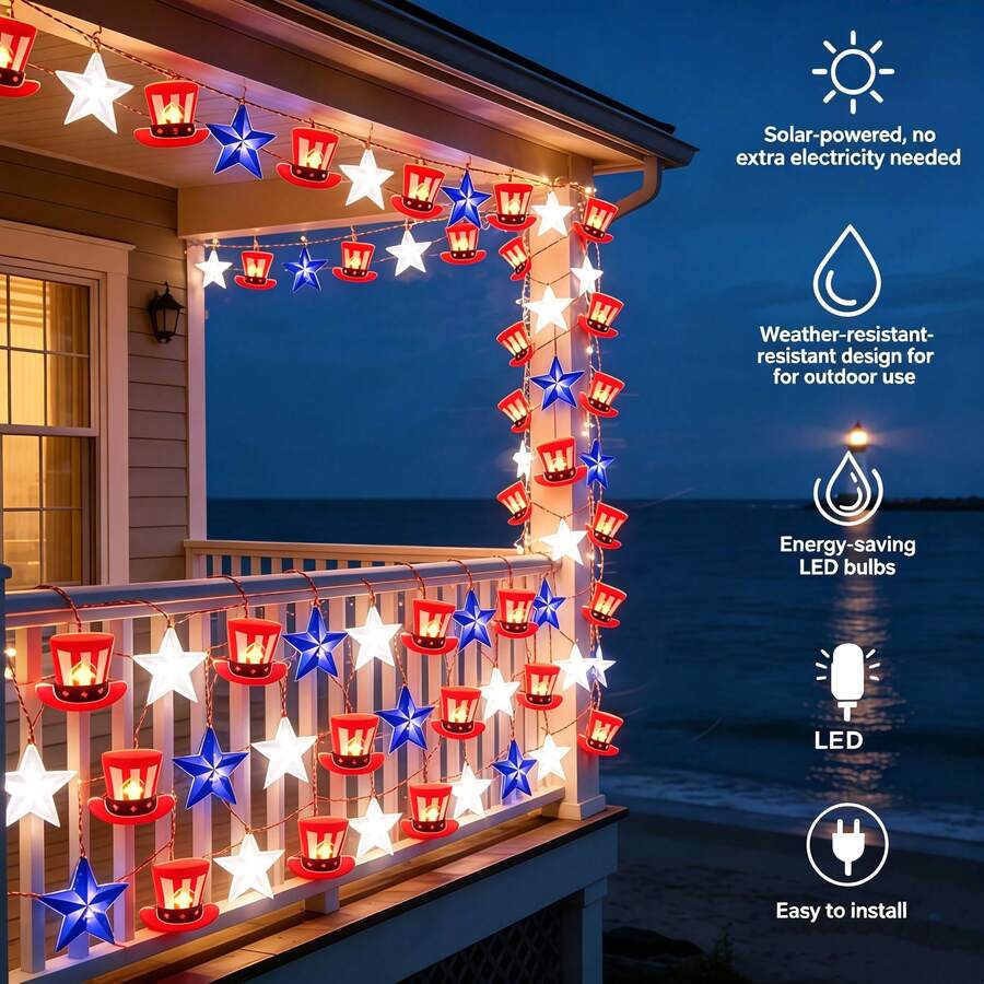 80LED 39FT Copper Wire Star Hat String Lights, Red White Blue Patriotic LED Fairy Lights, 4th Of July Decor, Ideal For Presidents Day, Independence Day, Memorial Day, Garden Yard Party Decoration - 星星帽銅線燈 - 查看 1