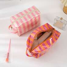 Bolsa de maquillaje a rayas personalizada con asa, organizador de cosméticos de gran capacidad, bolsa de almacenamiento de artículos de tocador, bolsa de viaje con cierre de cremallera, para uso diario, regalo de cumpleaños - Multicolor - Ver 7