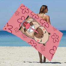 1pc Cartoon Capybara Holding Bubble Tea Beach Towel, Beach Towel, Perfect For Swimming, Fitness, Yoga, Travel, Camping, Use, Beach Accessories, Poolside Accessories - Pink - View 2