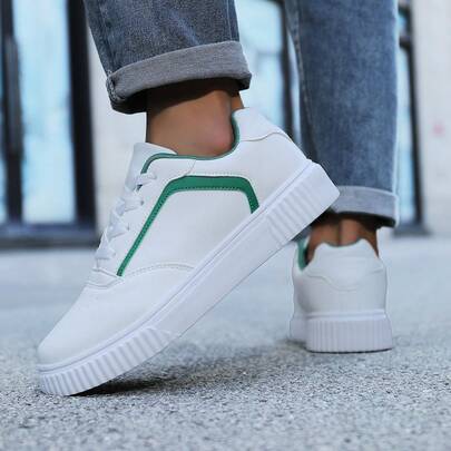 Men Sneakers, Comfortable Breathable Lace-Up Round Toe Low Top Chunky Sole Casual Shoes, All Season Daily/Office/School Wear Faux Leather Skate Shoes