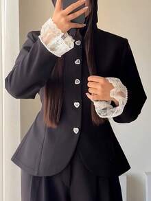 Women's Elegant Commuter Blazer With Padded Shoulders, Solid Color Lace Patchwork Front Button Metal Buttons Pearl Office Daily Date Black Fall - Black - View 2