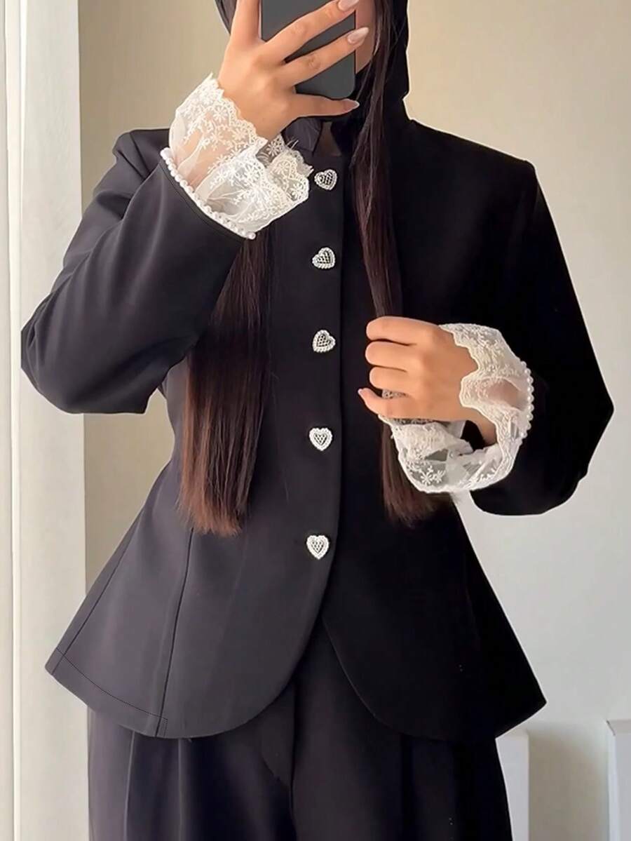 Women's Elegant Commuter Blazer With Padded Shoulders, Solid Color Lace Patchwork Front Button Metal Buttons Pearl Office Daily Date Black Fall
