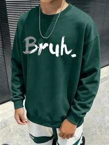 Boys' Slogan Minimalist Crew Neck Long Sleeve Sweatshirt, Casual Fashion, Suitable For Autumn/Winter Outdoor Wear - Dark Green - View 2