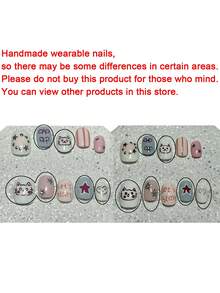 10pcs Star Burst Color Block Cute Style Press-On Nail Tips Handmade Doodle Cat Bow Short Fake Nails Nail Art Supplies (1pc Jelly Sticker + 1pc Nail File) - Multicolor - View 4