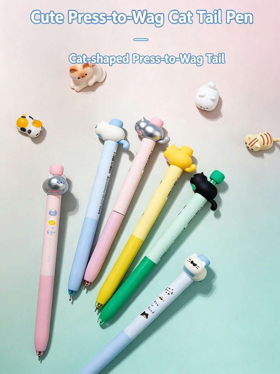 1pc/4pcs Pressable Wiggling Tail Cat Neutral Pen, 3D Cartoon Cat Head Clickable Black Ink Pen, Quick-Dry Smooth Writing Student Office Stationery, Student Girl Stationery Gift, Smooth Writing Student Office Stationery, Suitable For Office And Study, Birthday Gift For Friends - Cartoon - View 1