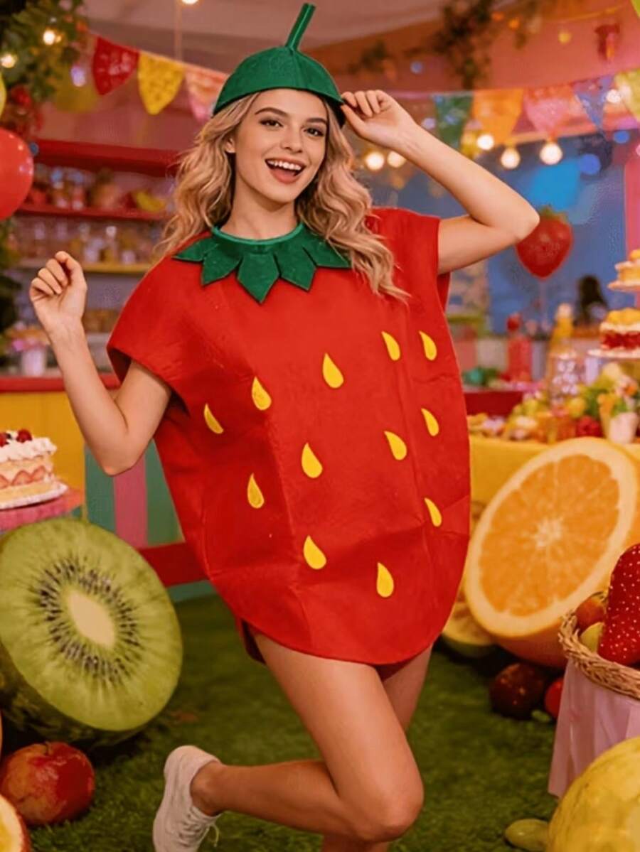 2pcs Christmas Party Performance Strawberry Costume Set For Men And Women, Includes Headpiece, Suitable For Various Holiday Parties And Youth Dances. Vibrant Red And Green Polyester Blend Fabric,Halloween - Multicolor - View 1