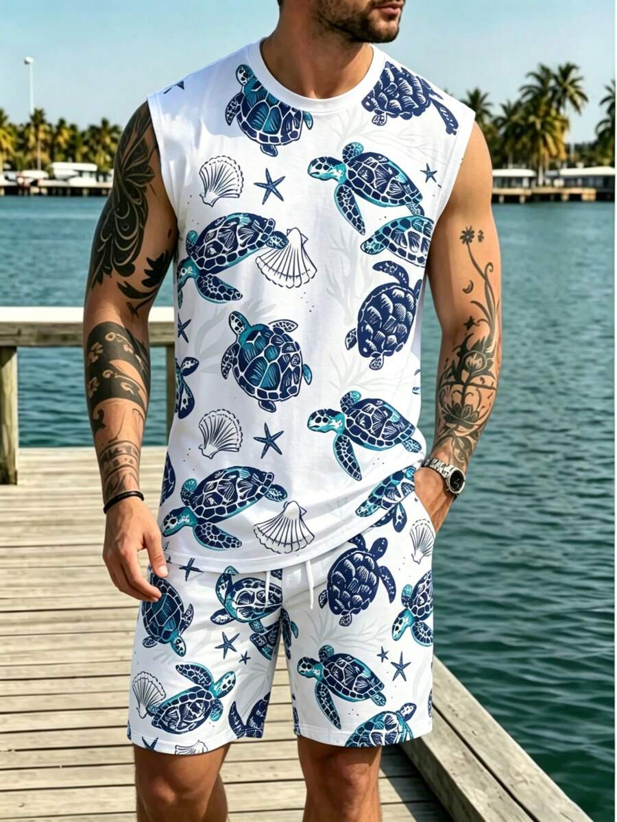 男士海龜印花無袖T恤與短褲沙灘套裝 - 彩色 - 查看 1